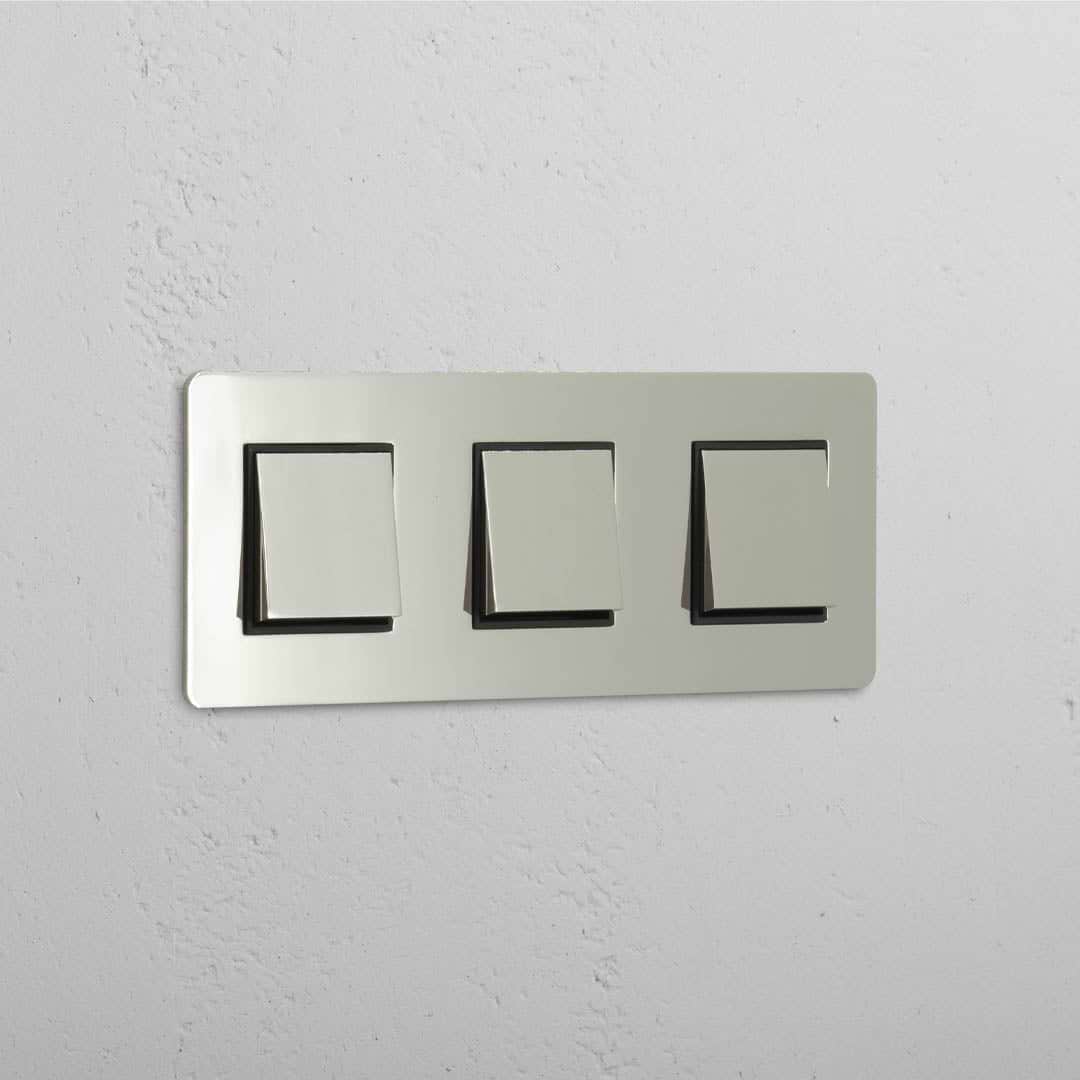 Interruptor de controlo de luz de alta capacidade: Interruptor basculante 3x triplo Níquel Polido Preto