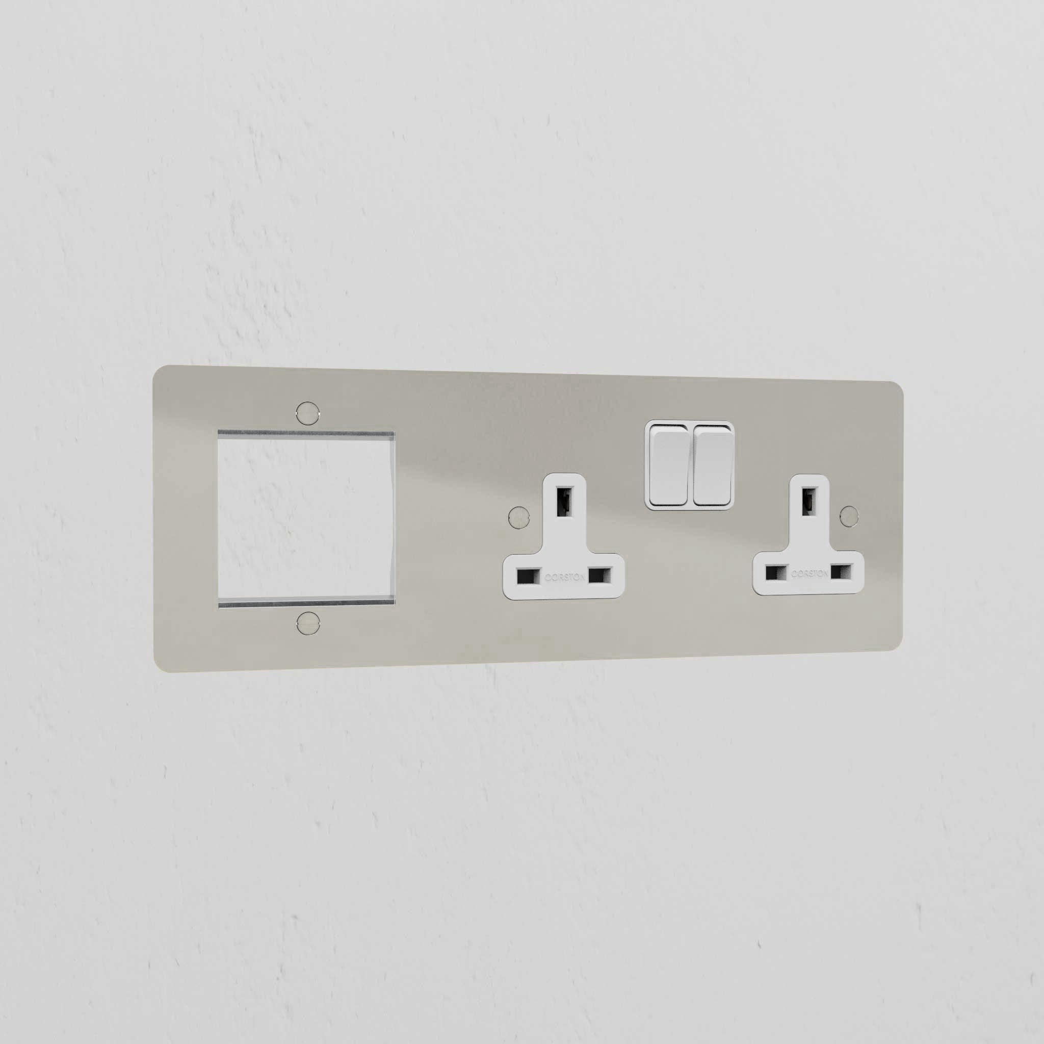 1G 50mm Module & Double Socket Uk Plate - Polished Nickel White