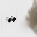 Clear polished nickel 2G two way dimmer switch fixed to white wall with shadow of plant to the right