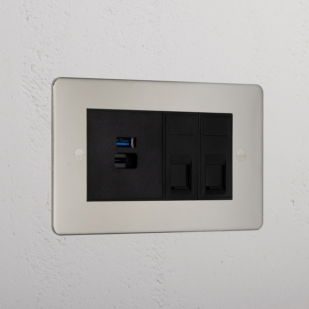Luxury Polished Nickel 2x Cat6 And Usb A+C Fast Charge Socket Black