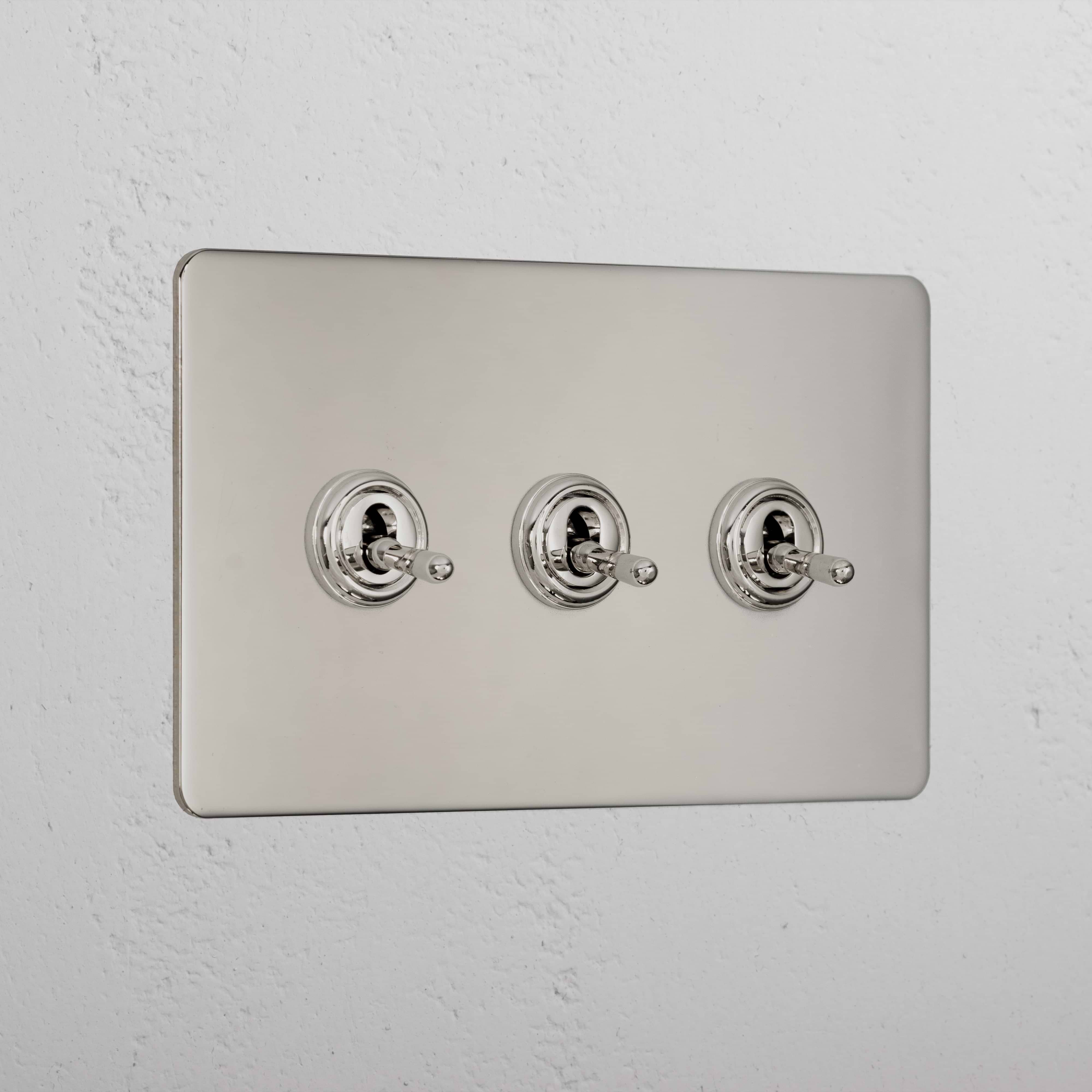 Designer Polished Nickel 3 Gang 2 Way Toggle Light Switch