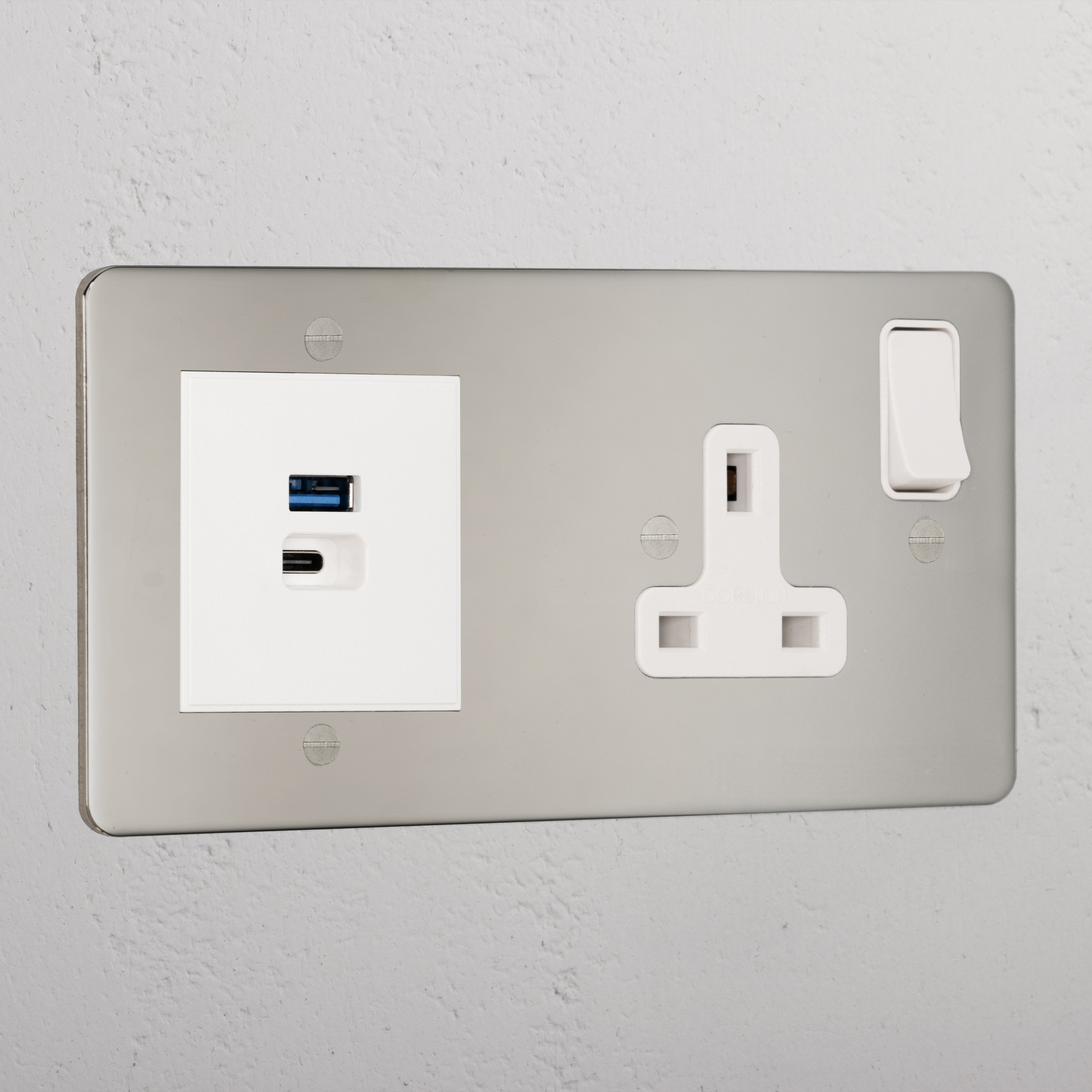 Designer Polished Nickel Single Socket And Usb A+C Fast Charge White