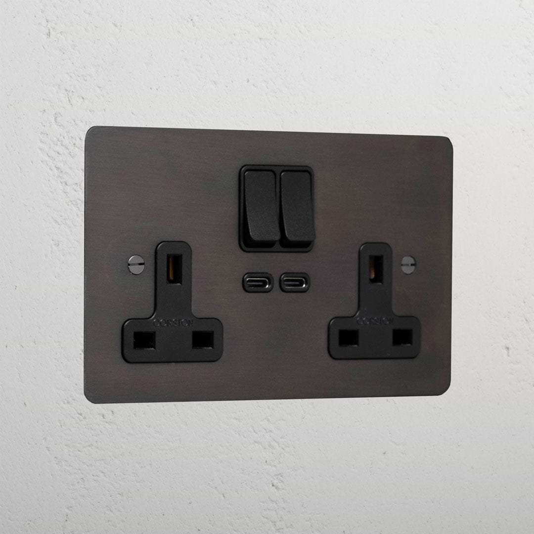 Bronze Interior Double Socket With Usb-C Fast Charge Black