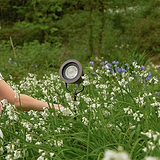 Bronze Cambridge Ground Floodlight installed outdoors among green grass and wildflowers.