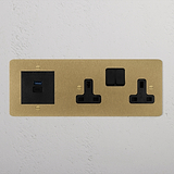 Double Socket + USB A+C Fast Charge - Antique Brass Black