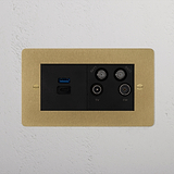 USB A+C Fast Charge + TV Aerial Socket - Antique Brass Black