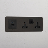 Bronze Designer Double Socket And Usb A+C Fast Charge Black