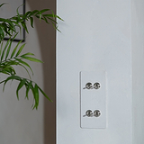 4G Vertical Two Way Toggle Switch in Paintable Polished Nickel finish on a white wall with a leafy green plant.