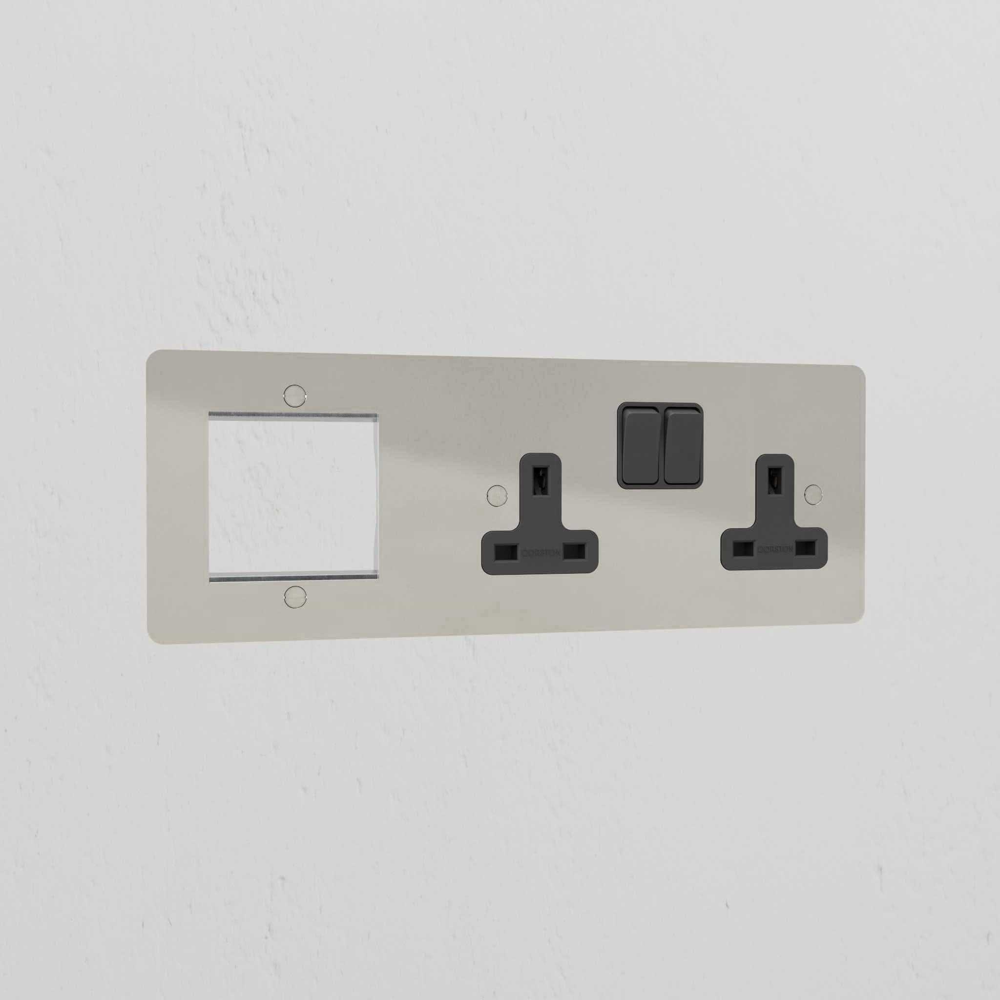 1G 50mm Module & Double Socket Uk Plate - Polished Nickel Black