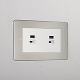 Luxury Polished Nickel 2x Usb A+C Fast Charge White