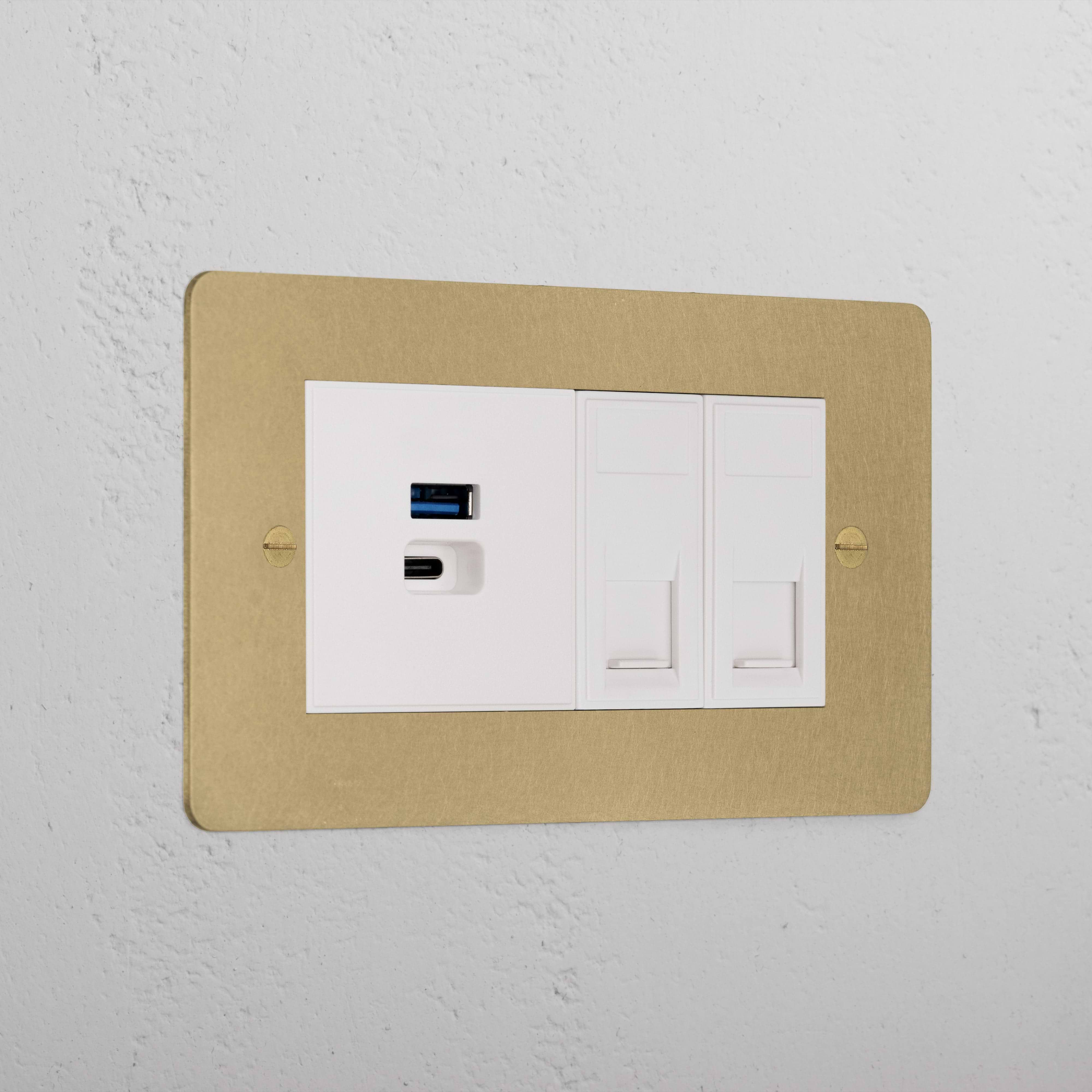 Premium Antique Brass 2x Cat6 And Usb A+C Fast Charge Socket White