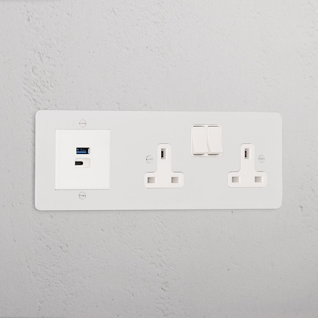 Double Socket + USB A+C Fast Charge – Paintable White