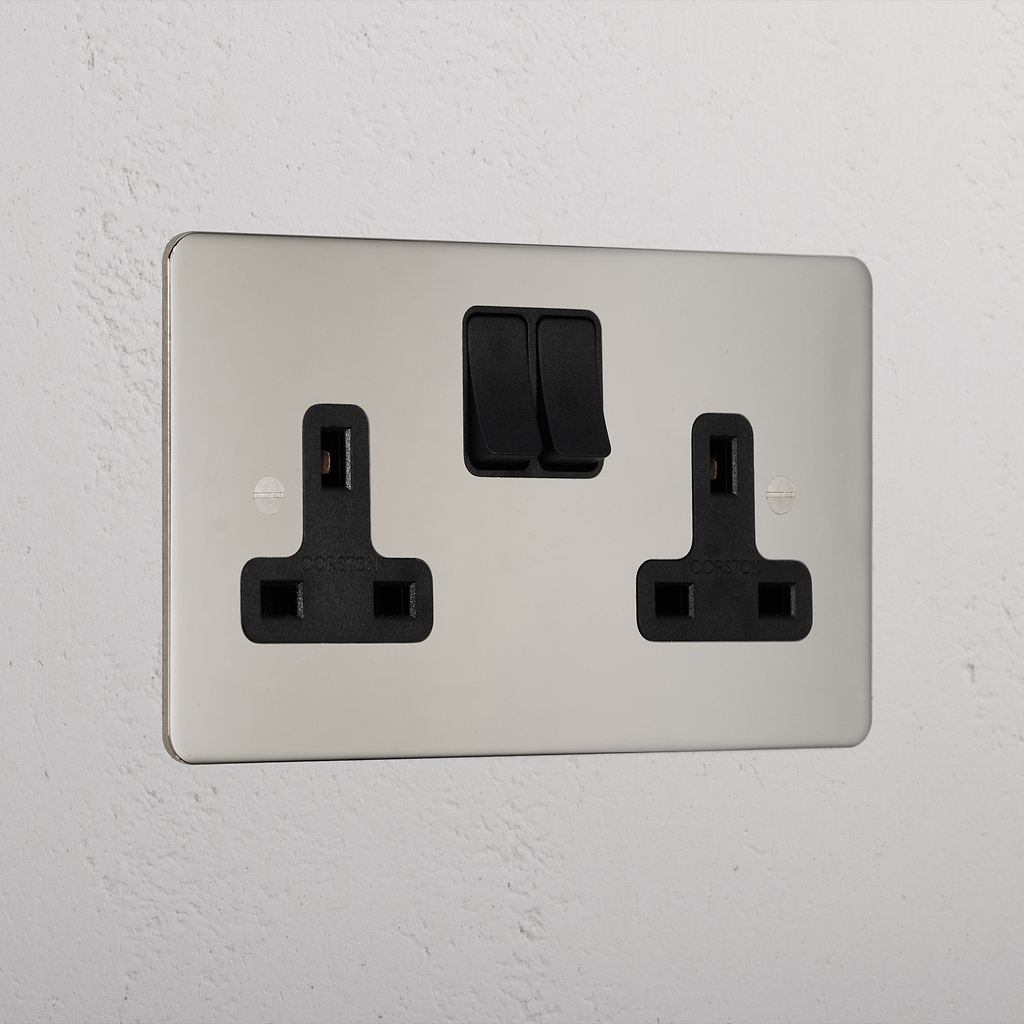 Premium Polished Nickel Double Socket Uk Black