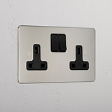 Premium Polished Nickel Double Socket Uk Black
