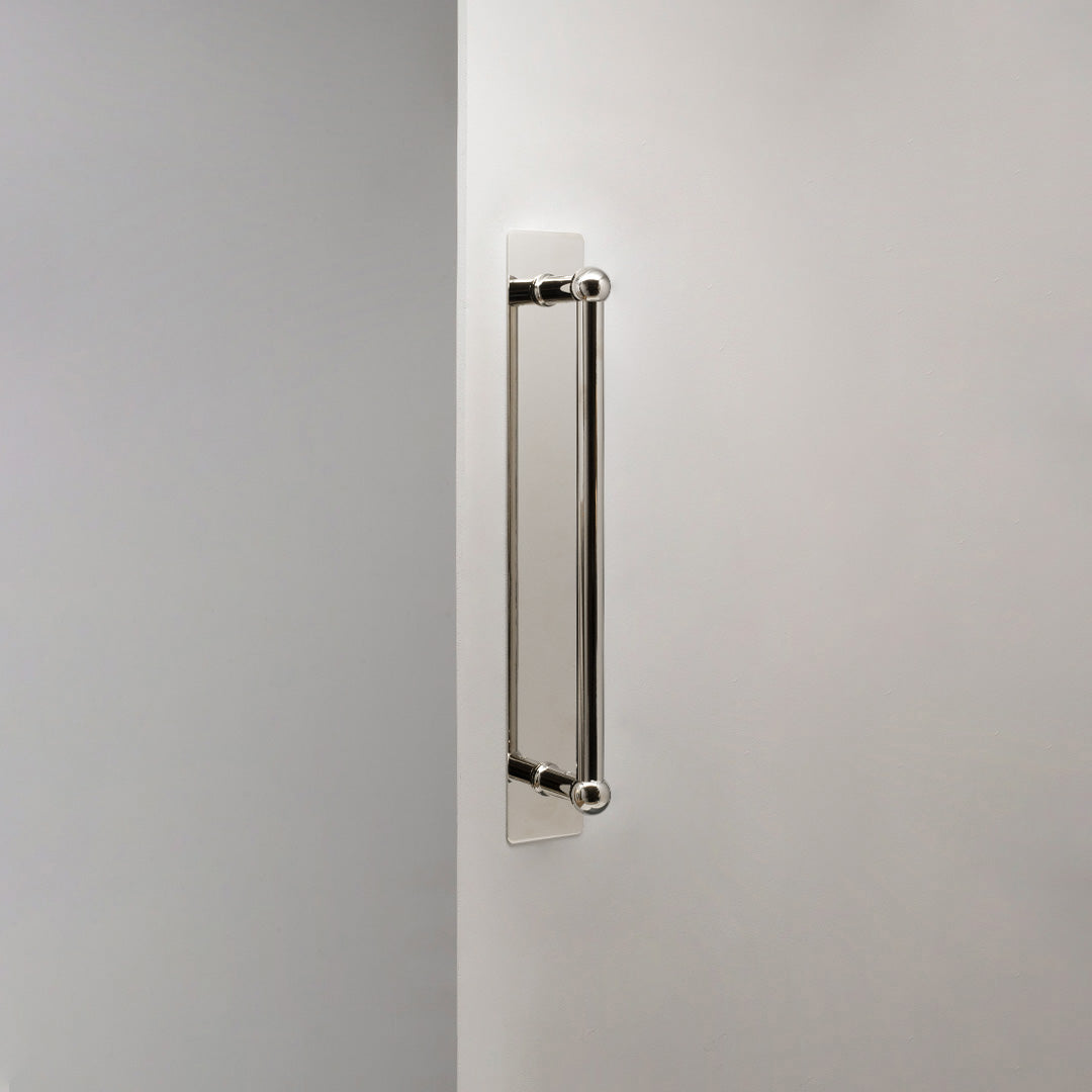 Polished Nickel Harper Single Pull Handle With Plate 320mm On White Background