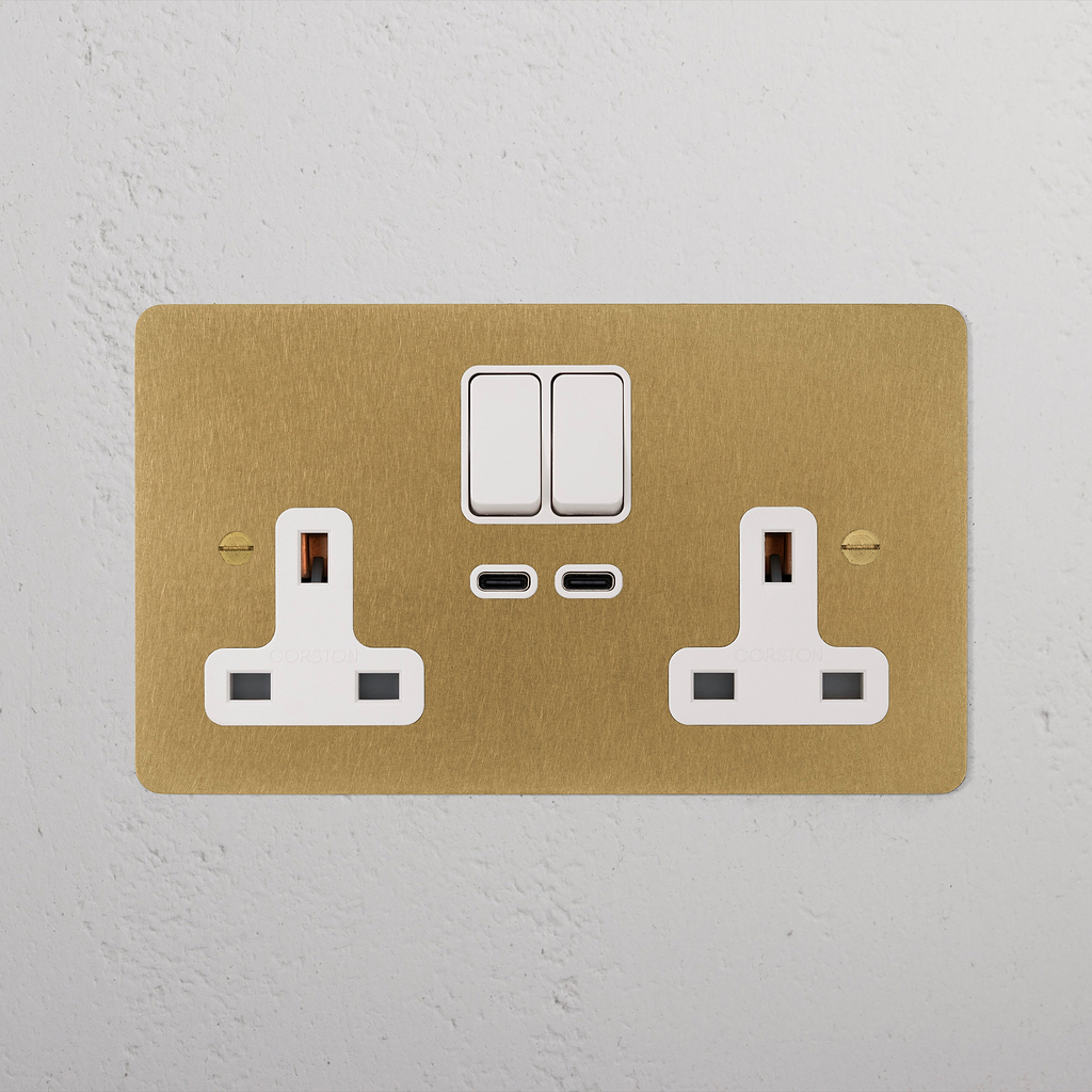 antique brass white designer double socket with USB-C fast charge on kitchen counter