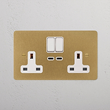 antique brass white designer double socket with USB-C fast charge on kitchen counter
