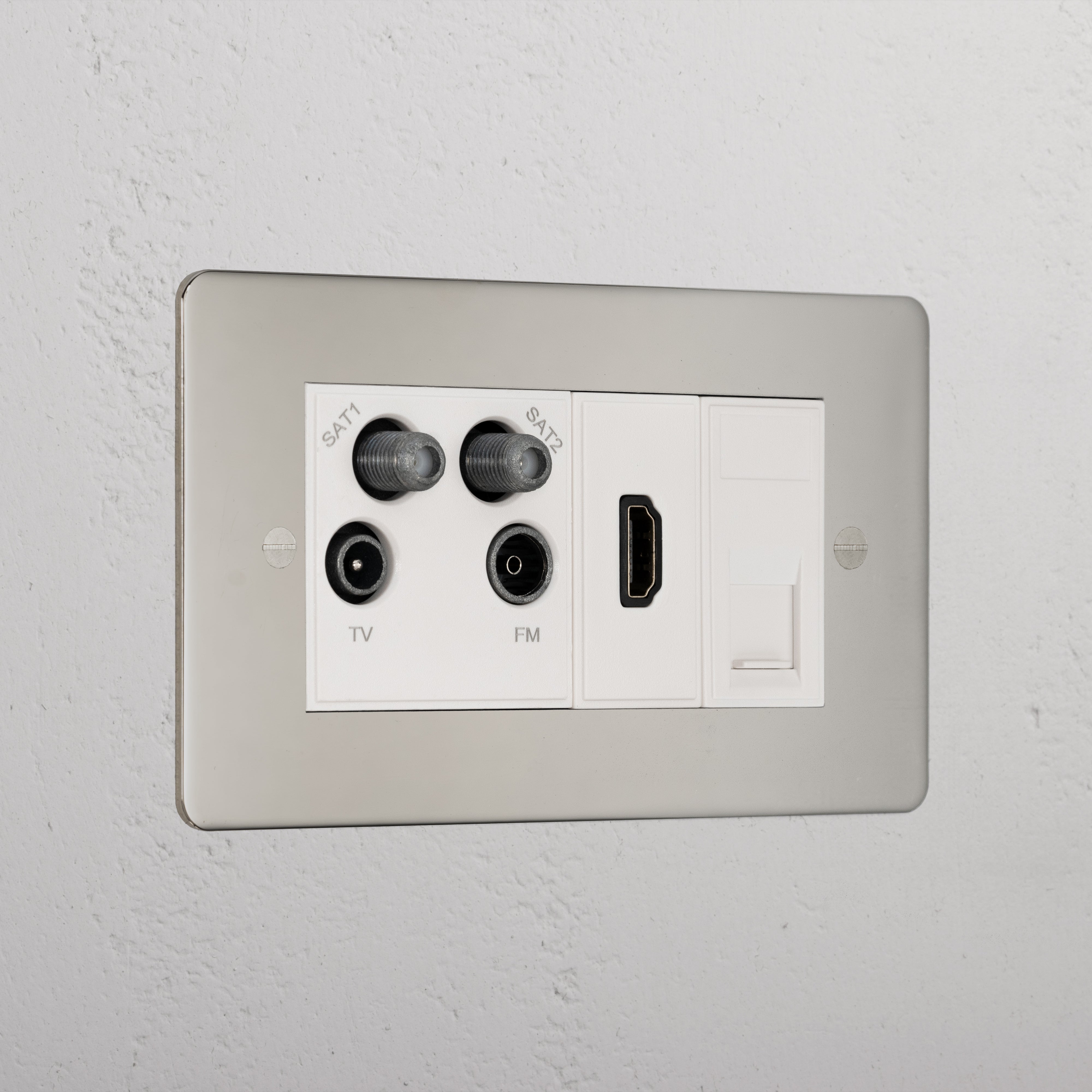 Elegant Polished Nickel Tv Aerial And Hdmi And Cat6 Socket White