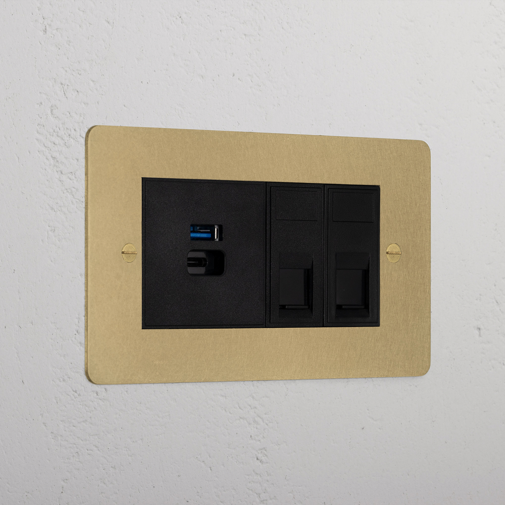 Luxury Antique Brass 2x Cat6 + Usb A+C Fast Charge Socket Black