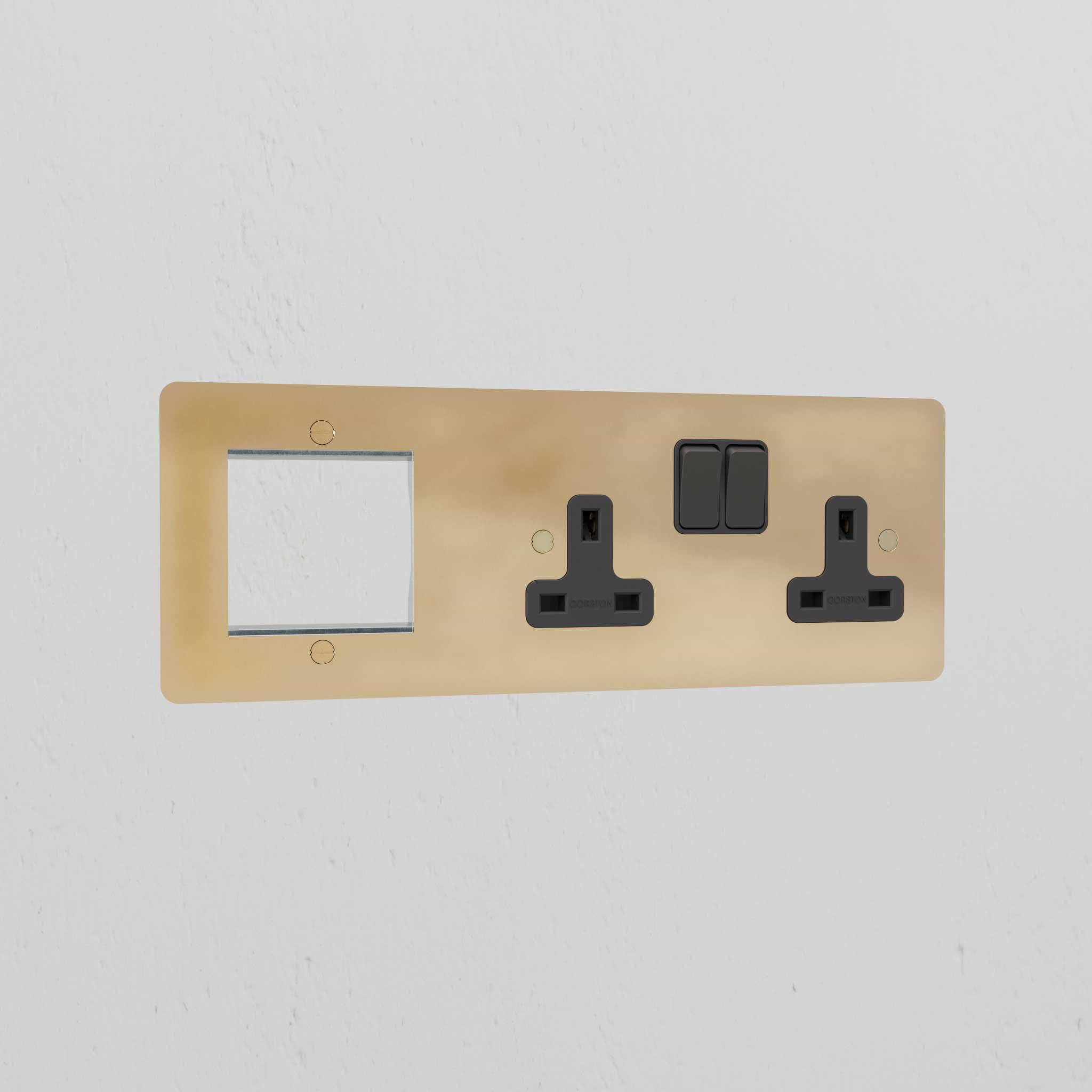 1G 50mm Module & Double Socket Uk Plate - Antique Brass Black