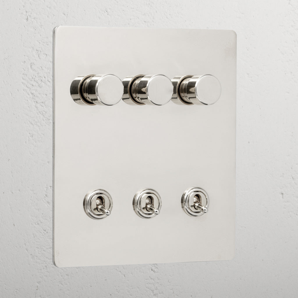 Designer Polished Nickel 6 Gang Mixed Light Switch