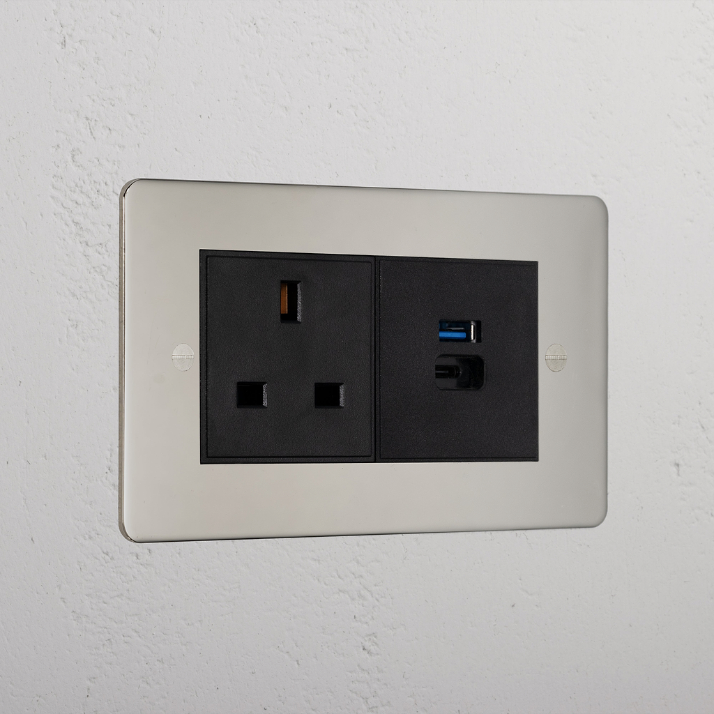 Premium Polished Nickel 13A Socket With Usb A+C Fast Charge Socket Black