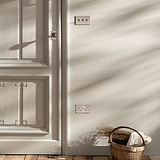 Polished nickel 3G two way toggle switch fixed to cream wall next to large cream door with polished nickel Poplar door handle and wooden floor boards 