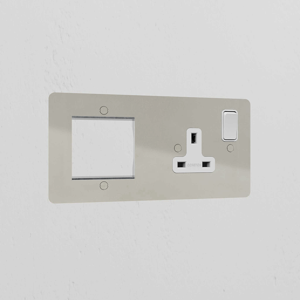 1G 50mm Module & Single Socket Uk Plate - Polished Nickel White