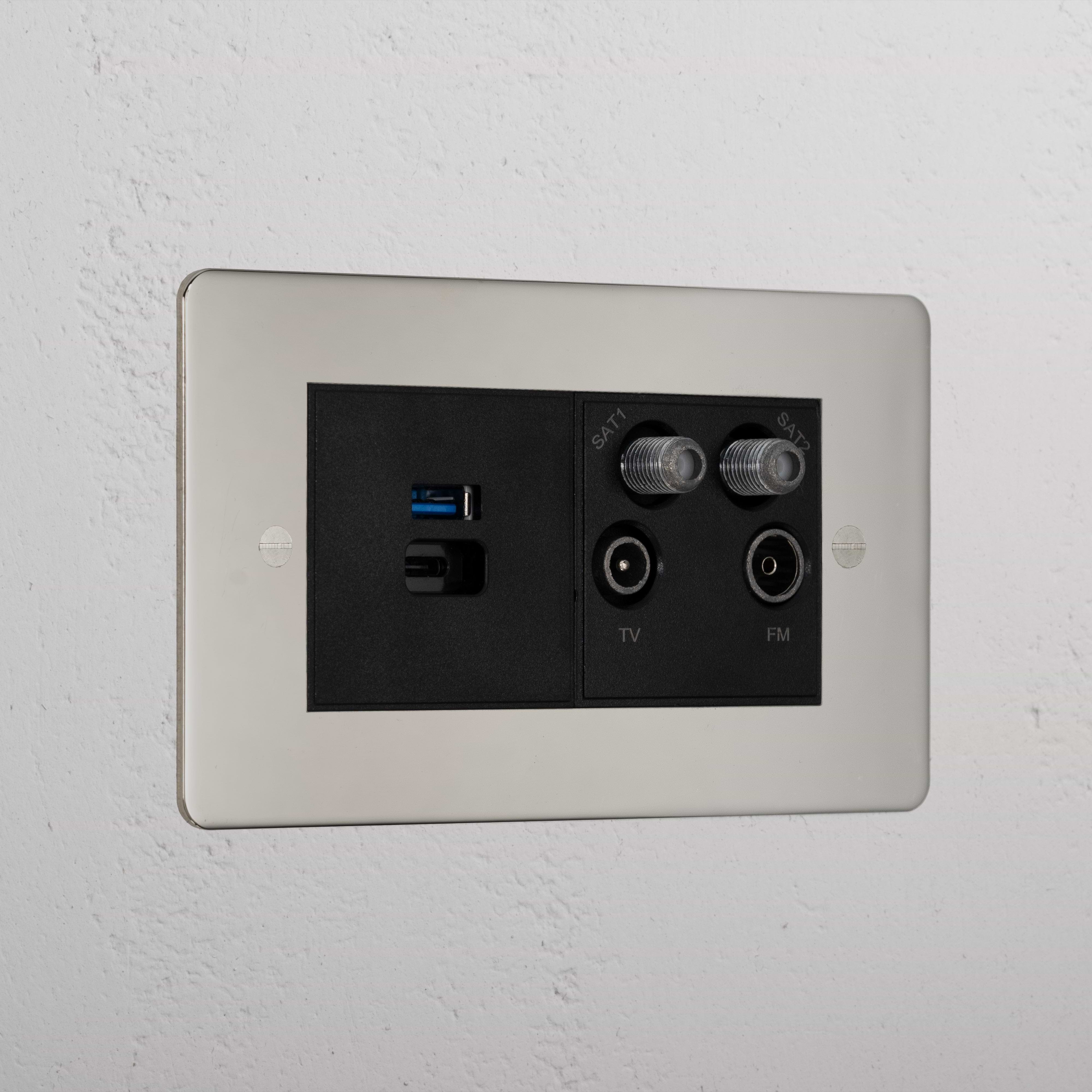 Elegant Polished Nickel Usb A+C Fast Charge And Tv Aerial Socket Black