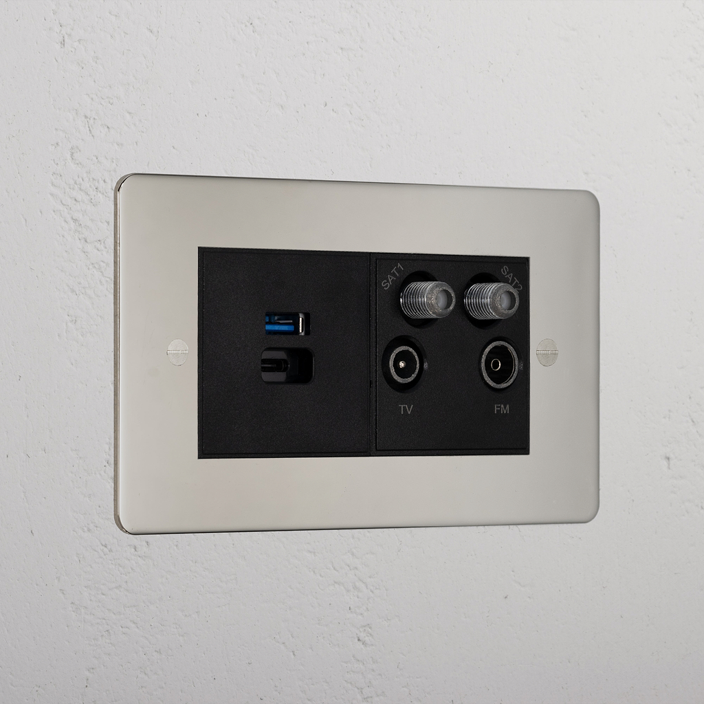 Elegant Polished Nickel Usb A+C Fast Charge And Tv Aerial Socket Black