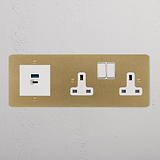 Double Socket + USB A+C Fast Charge - Antique Brass White