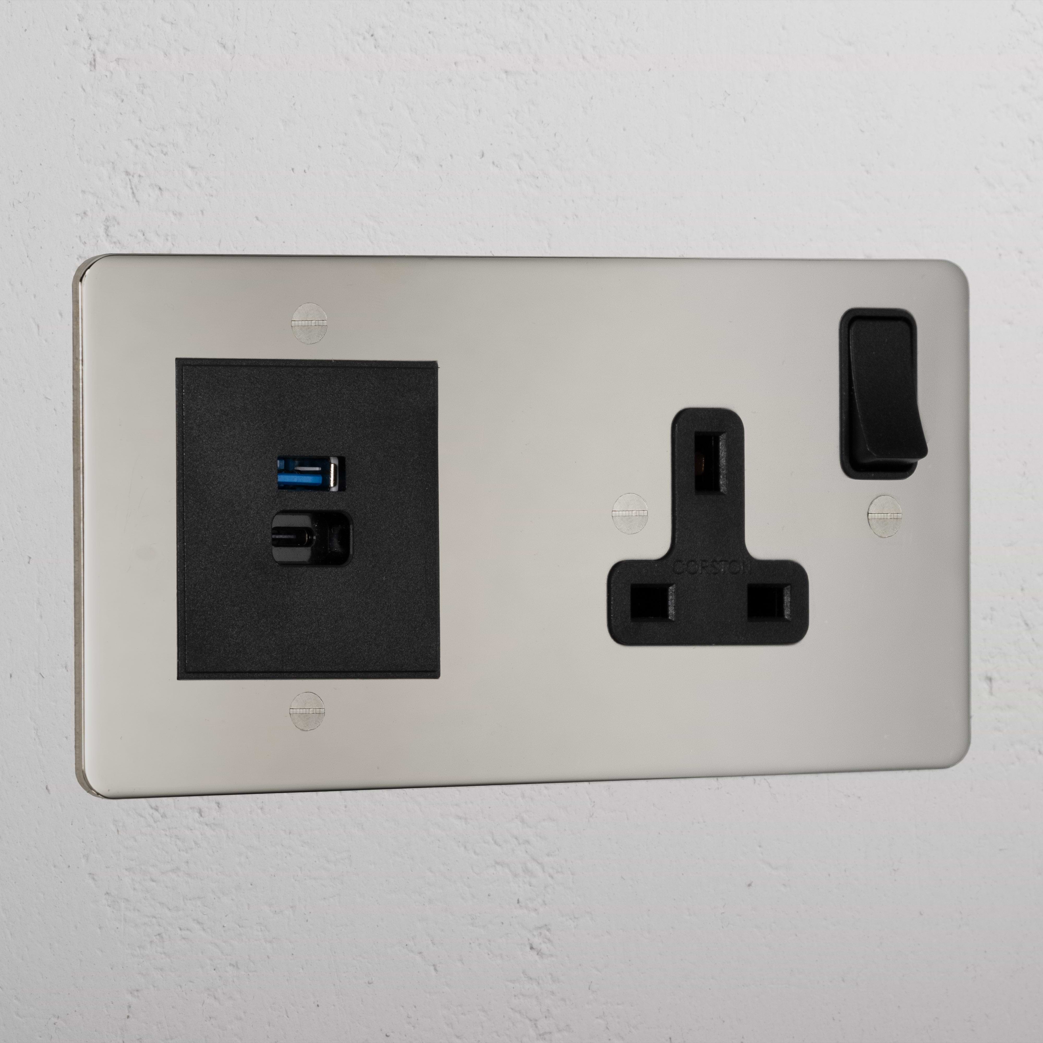 Designer Polished Nickel Single Socket And Usb A+C Fast Charge Socket Black