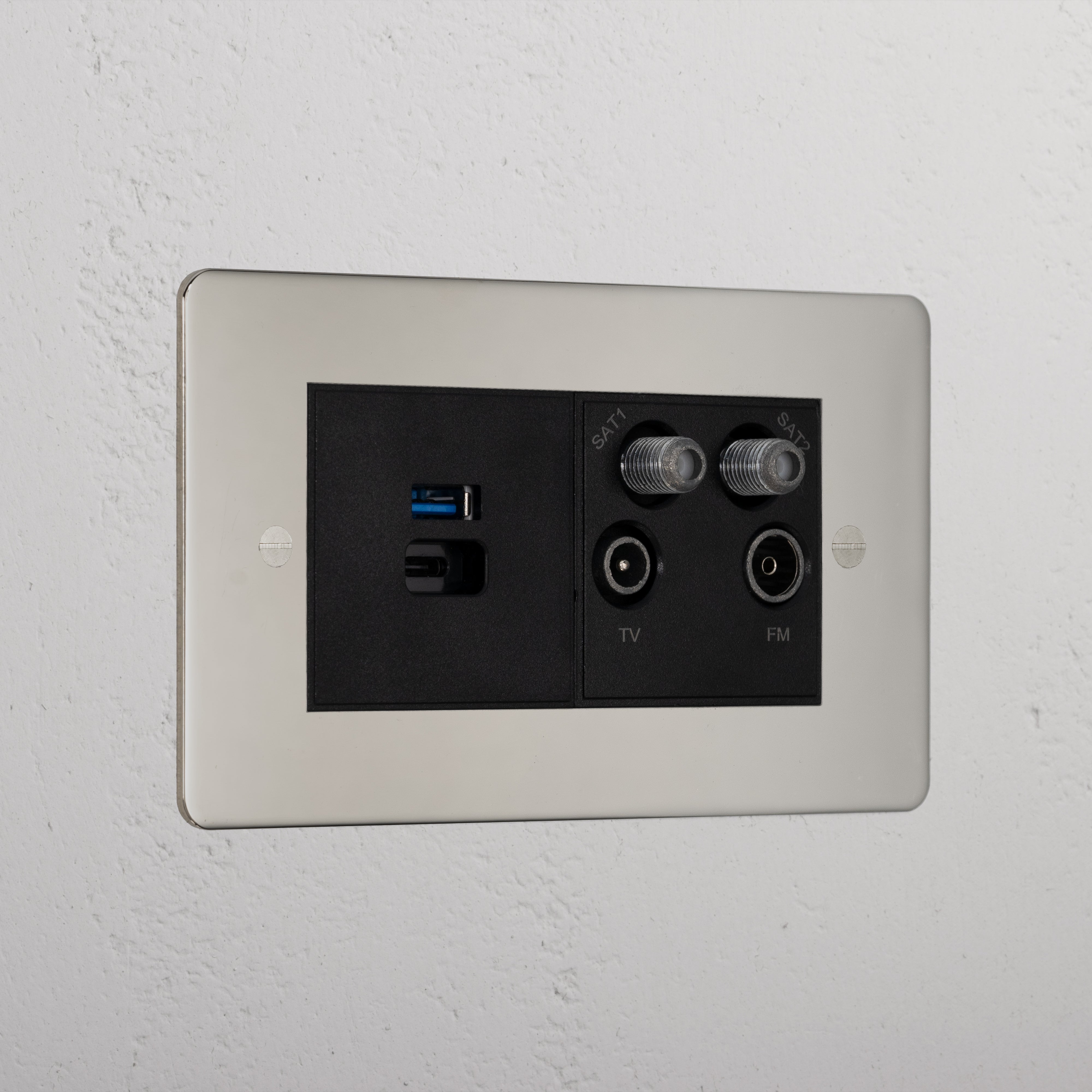 Elegant Polished Nickel Usb A+C Fast Charge And Tv Aerial Socket Black