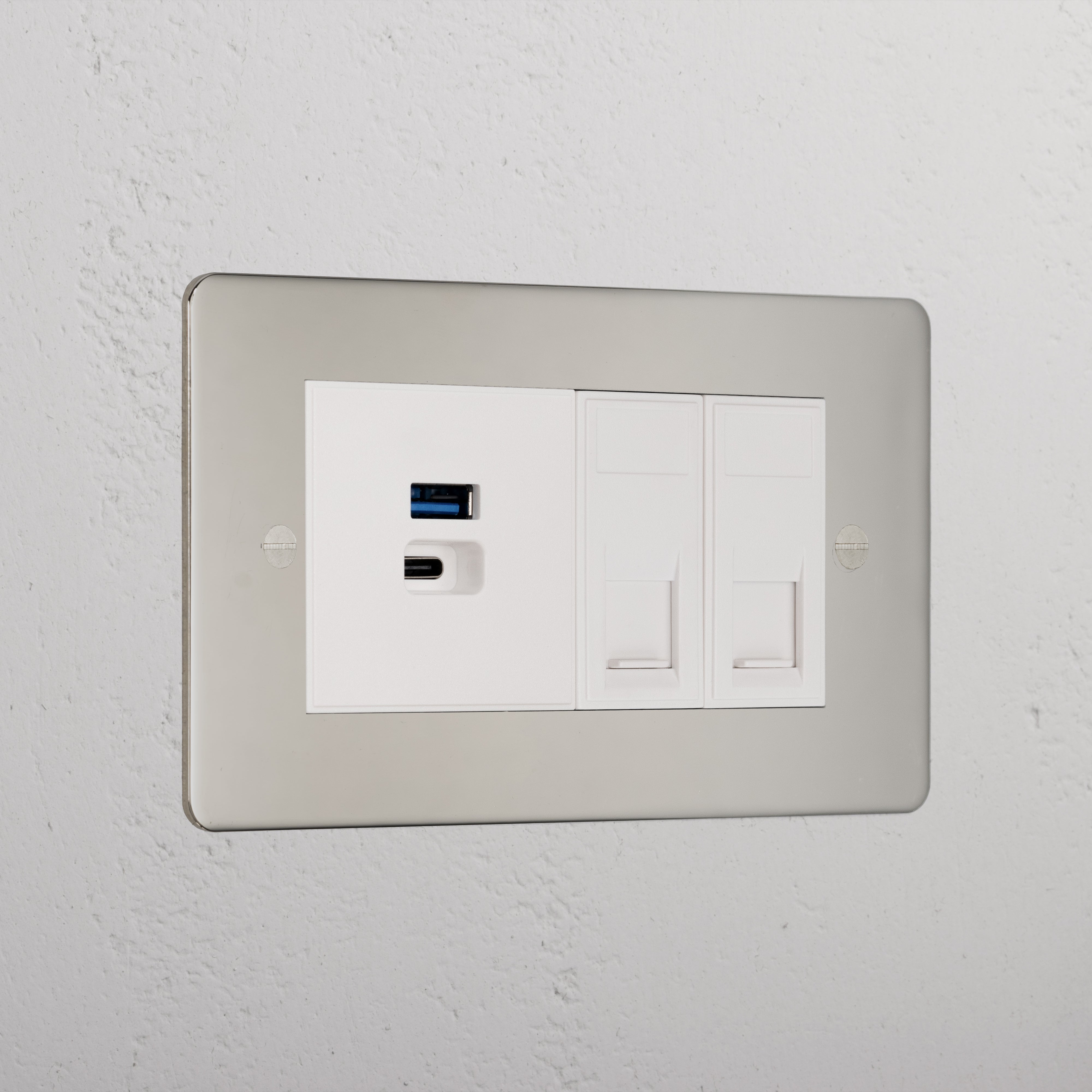Designer Polished Nickel 2x Cat6 And Usb A+C Fast Charge Socket White