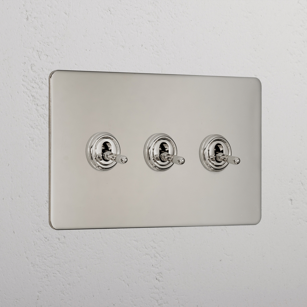 Designer Polished Nickel 3 Gang 2 Way Toggle Light Switch