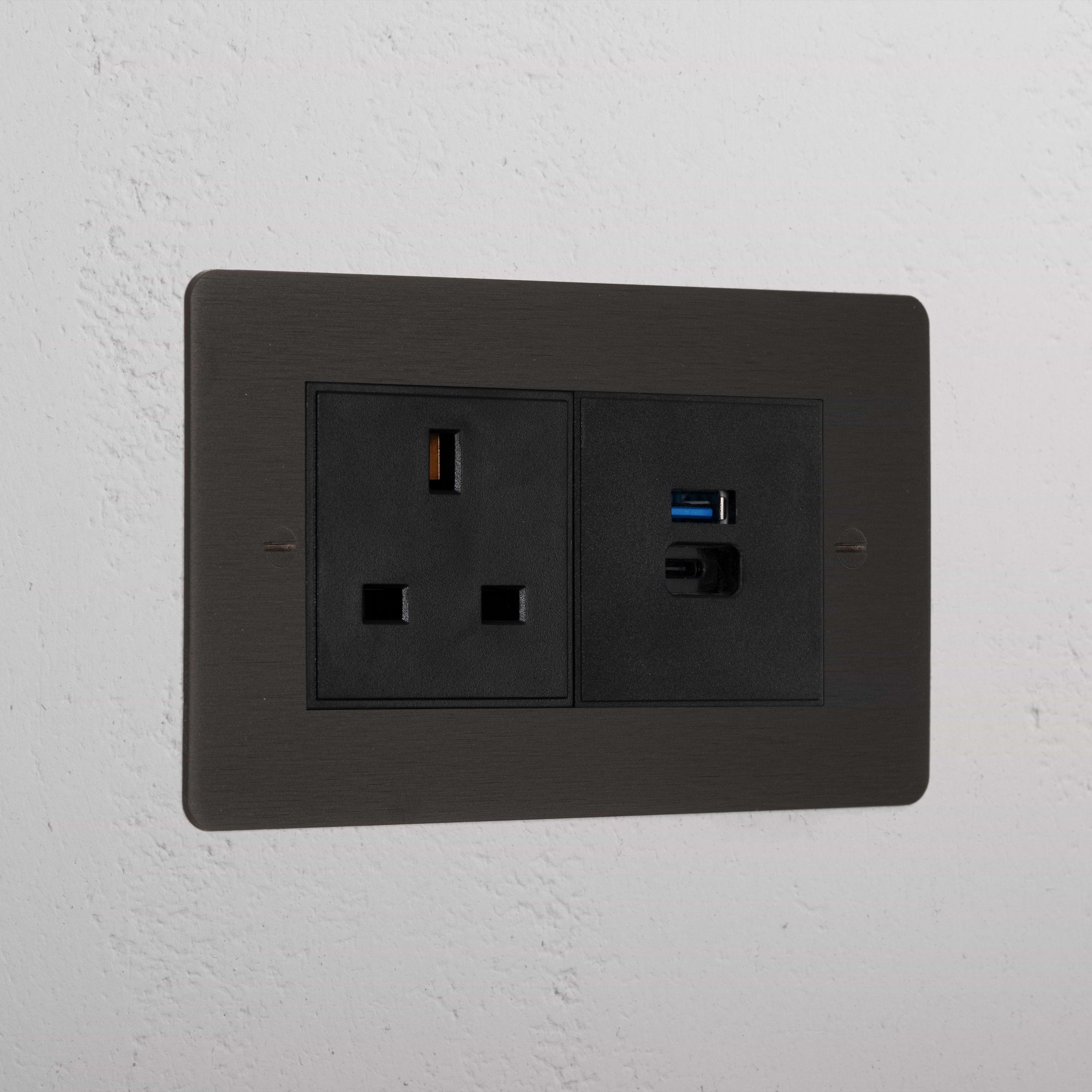 Bronze Interior 13A Socket + Usb A+C Fast Charge Black