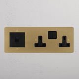 Double Socket + USB A+C Fast Charge - Antique Brass Black