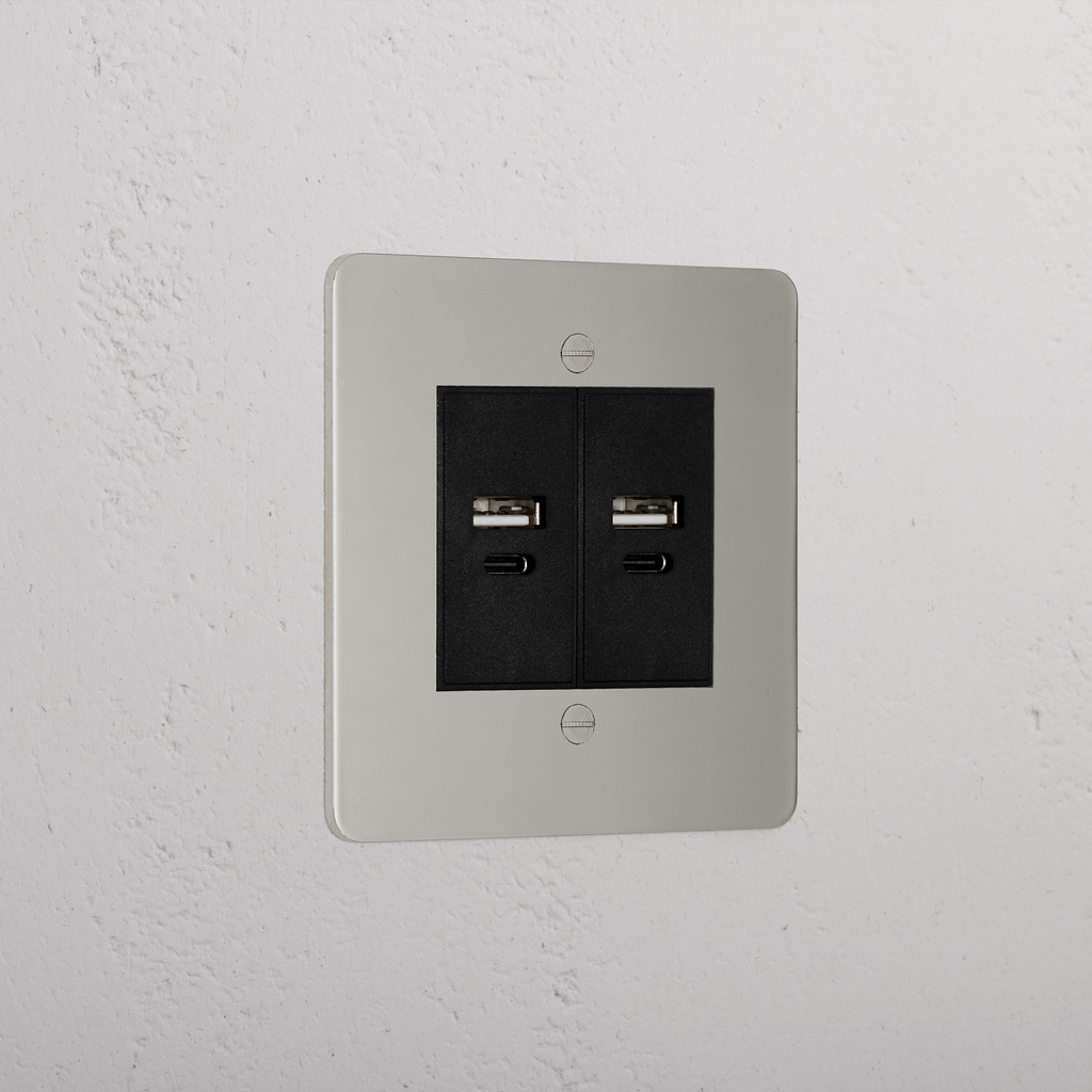 Designer Polished Nickel 2x Usb A+C Socket Black