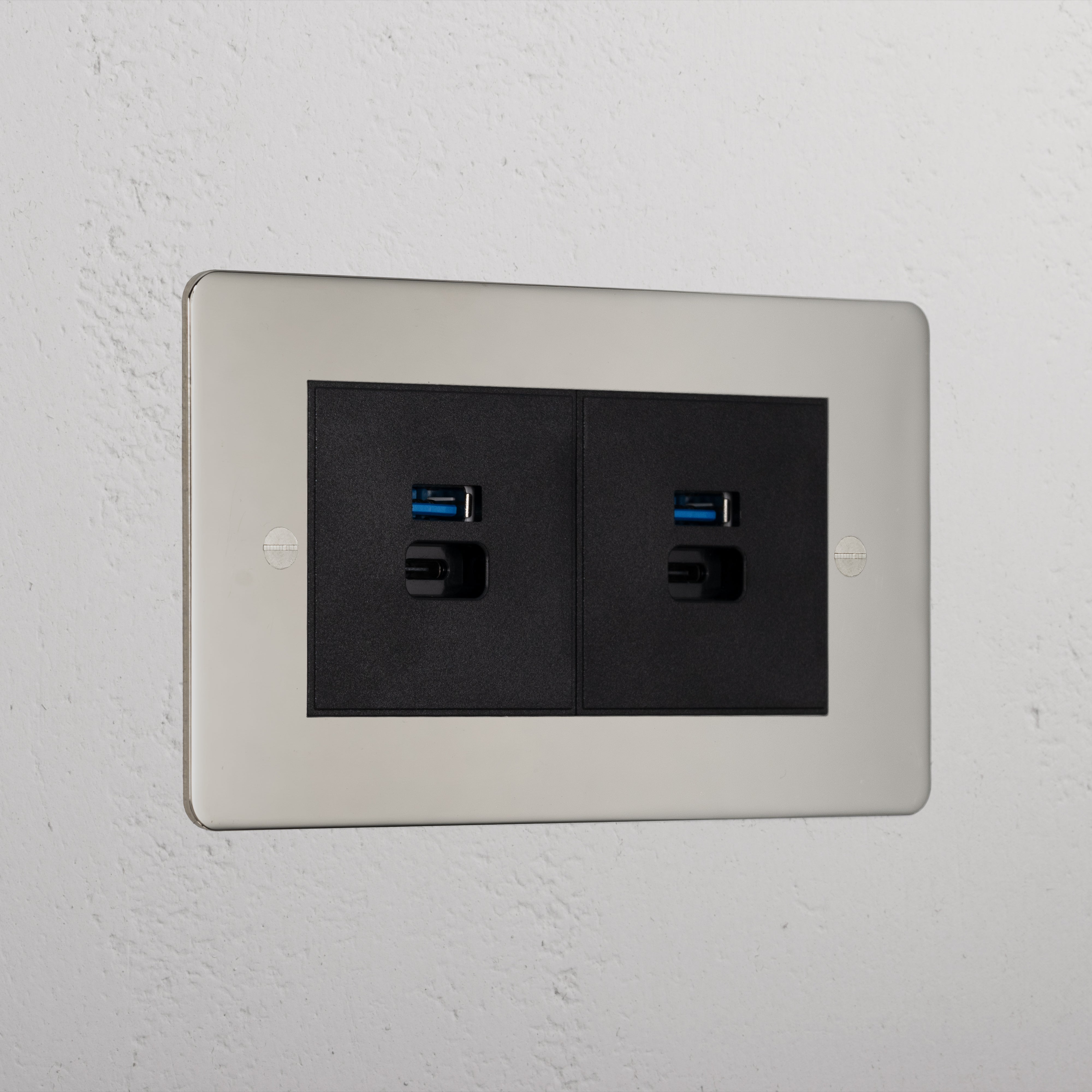 Luxury Polished Nickel 2x Usb A+C Fast Charge Socket Black