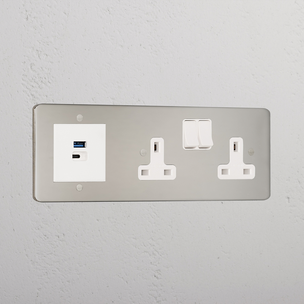Elegant Polished Nickel Double Socket And Usb A+C Fast Charge White