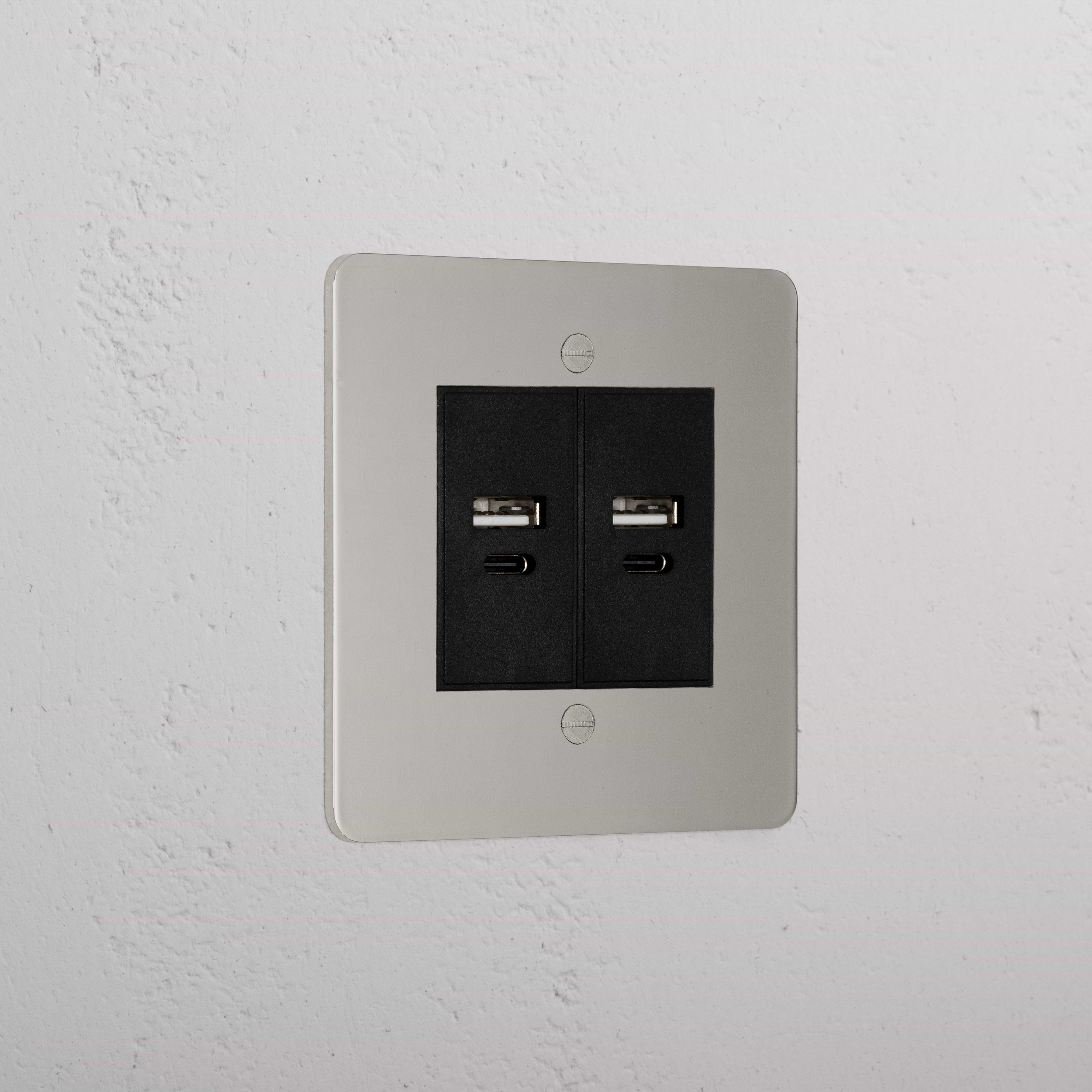 Designer Polished Nickel 2x Usb A+C Socket Black