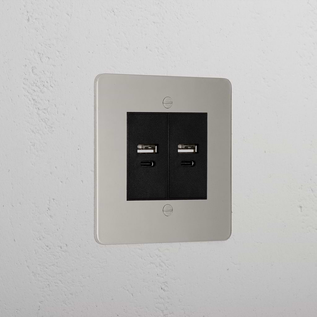 Designer Polished Nickel 2x Usb A+C Socket Black