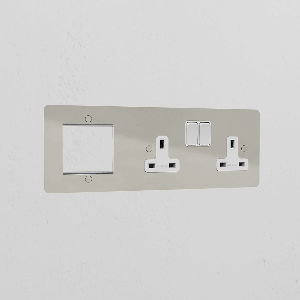 1G 50mm Module & Double Socket Uk Plate - Polished Nickel White