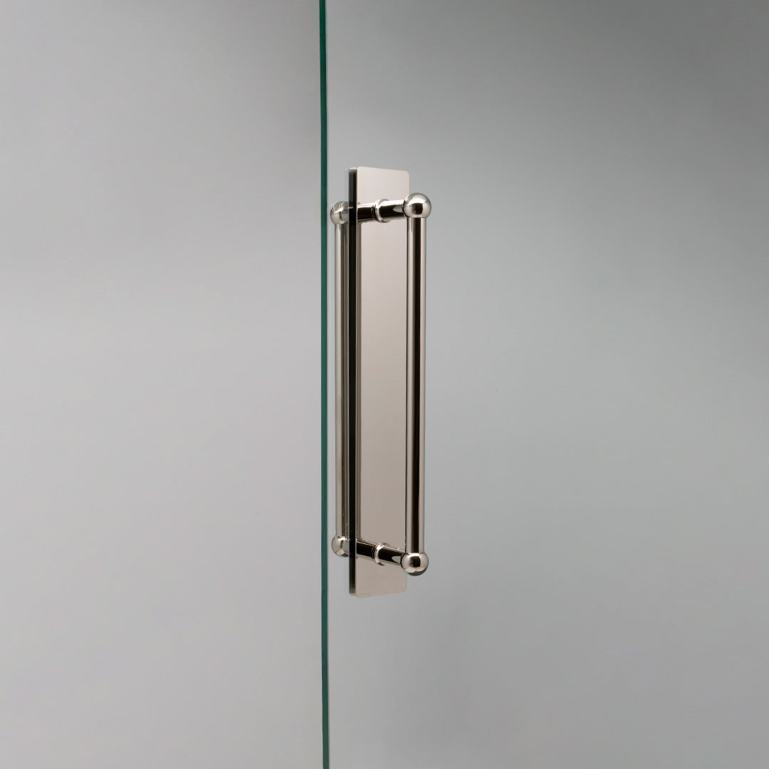 Polished Nickel Harper Double Pull Handle With Plate 320mm On White Background