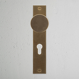 Onslow Long Plate Sprung Door Knob & Euro Lock - Antique Brass