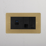 2x CAT 6 + USB A+C Fast Charge Socket - Antique Brass Black