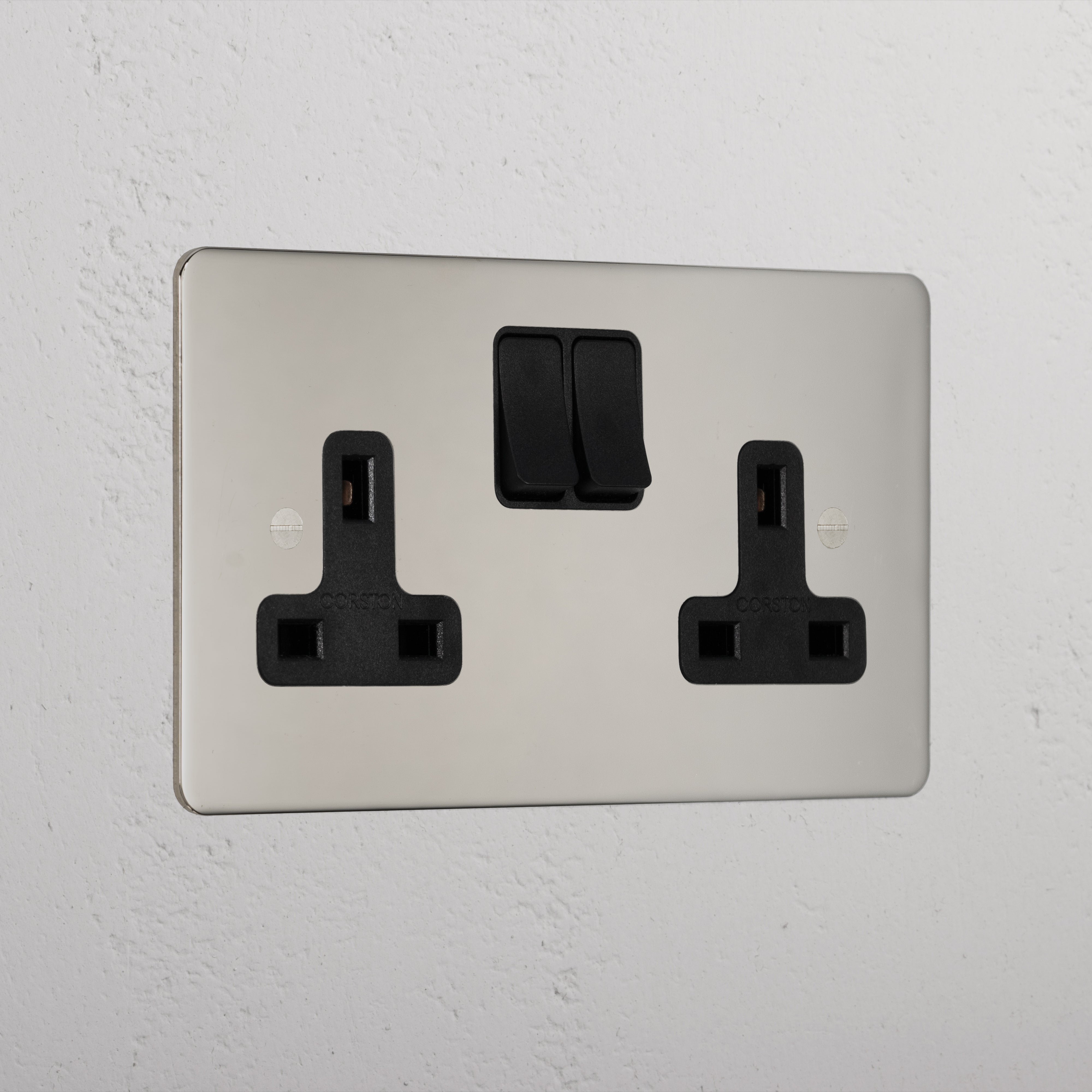 Premium Polished Nickel Double Socket Uk Black