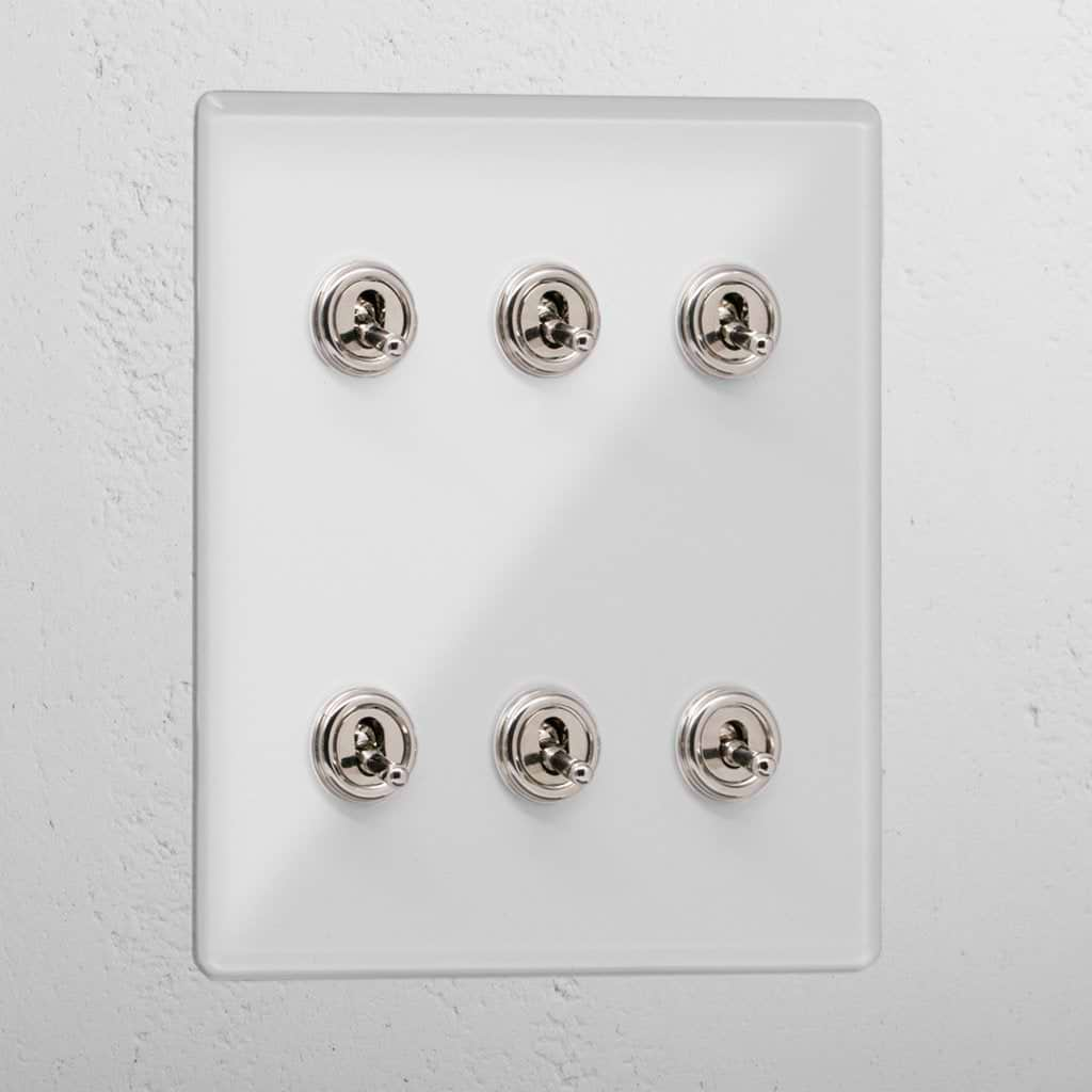 Elegant Clear Polished Nickel 6 Gang 2 Way Toggle Light Switch