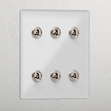 Elegant Clear Polished Nickel 6 Gang 2 Way Toggle Light Switch