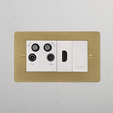 TV Aerial + HDMI + CAT6 Socket - Antique Brass White